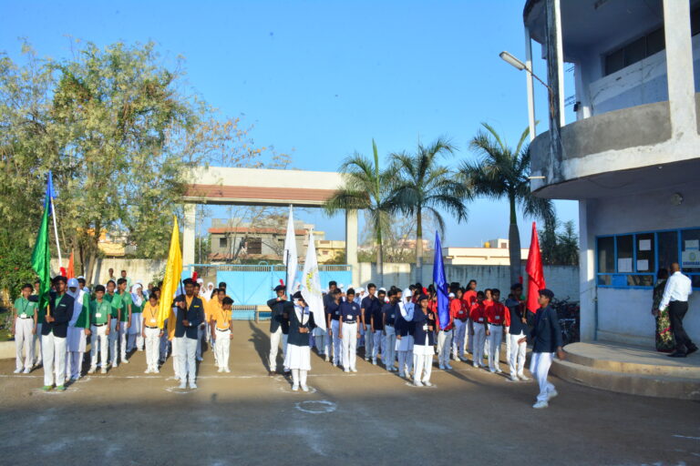 Children holding their respective house flag at Shahbaaz school and PU college Gulbarga on republic day