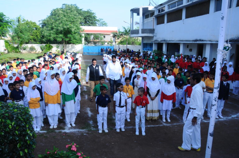 Students of Shahbaaz school and PU college together at assembly area