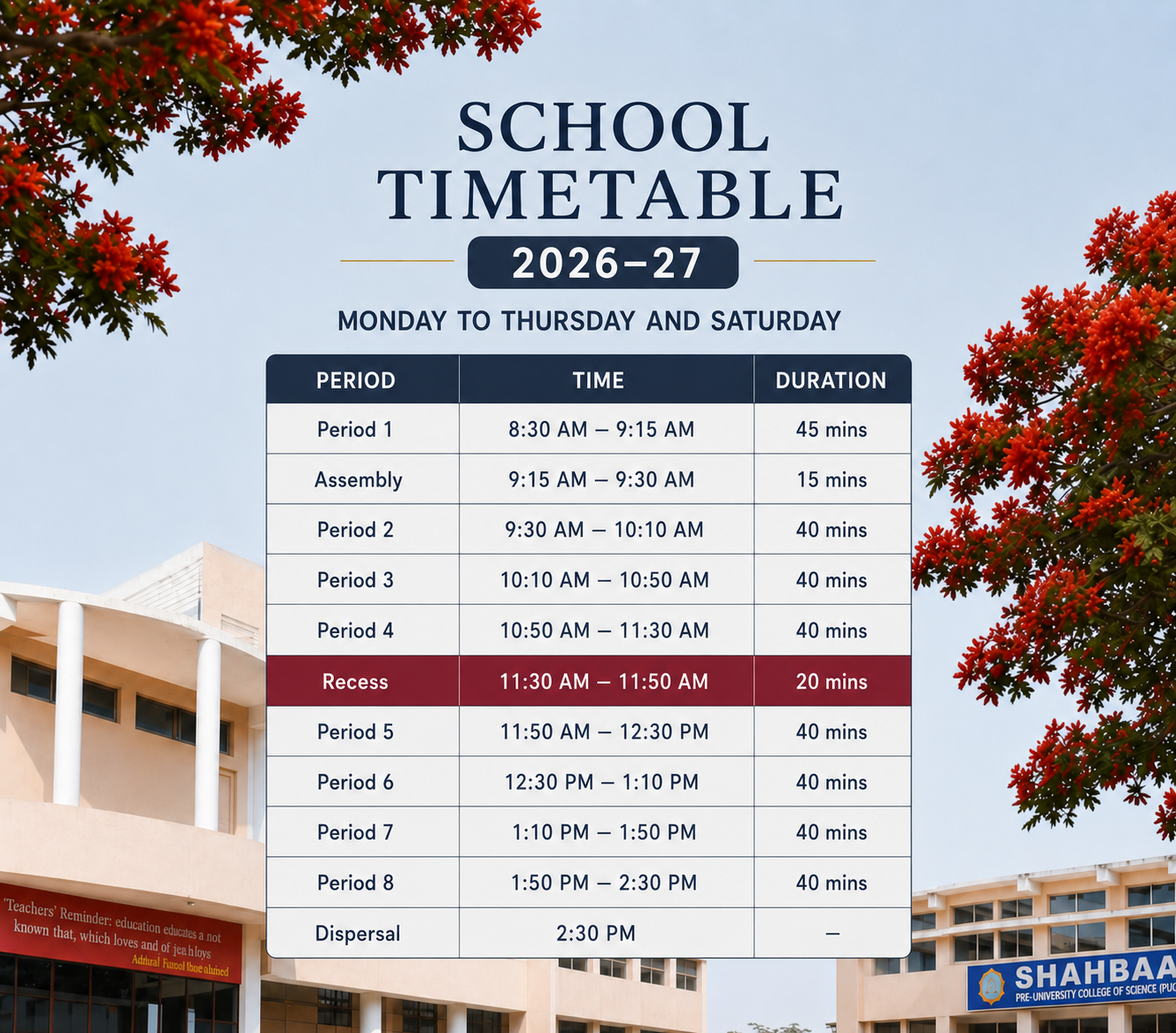 Shahbaaz School Timetable Daily