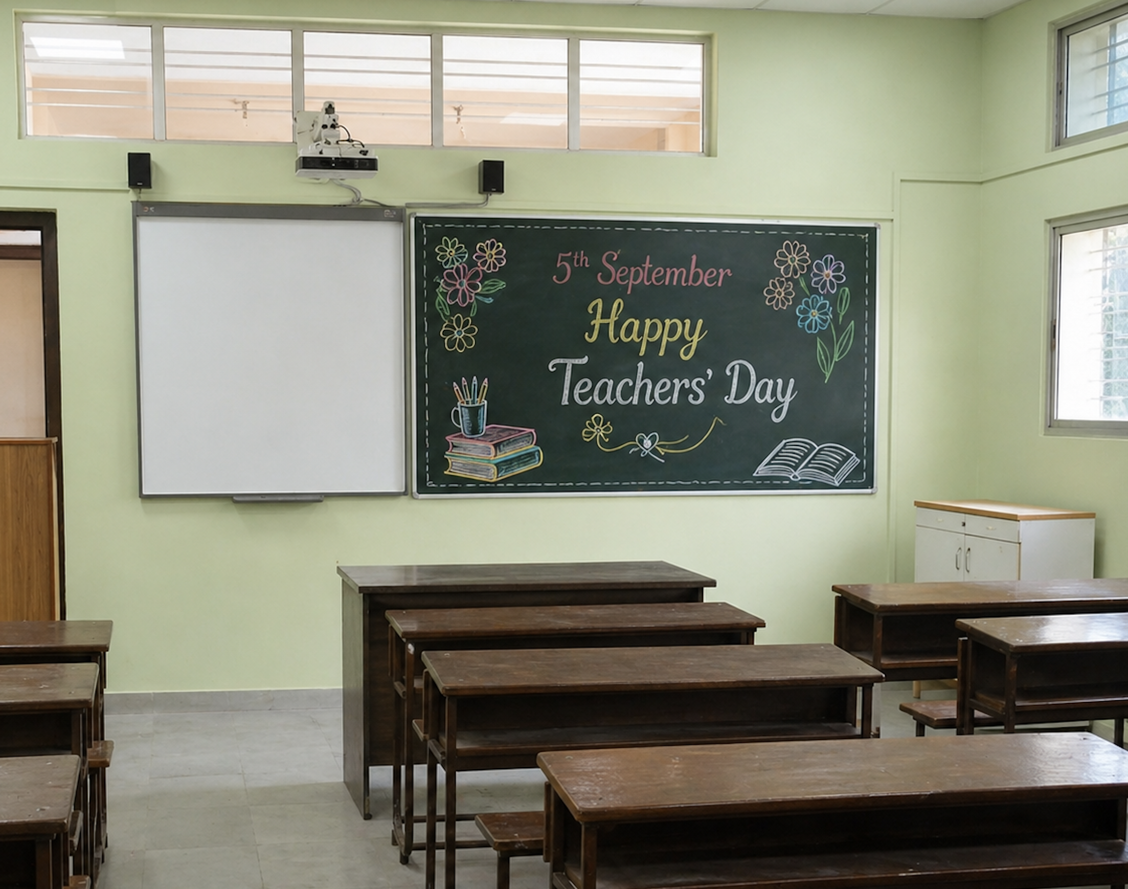 Teachers' Day Event Featured Image displaying a classroom with a blackboard decorated with colourful chalk art and Happy Teachers' Day