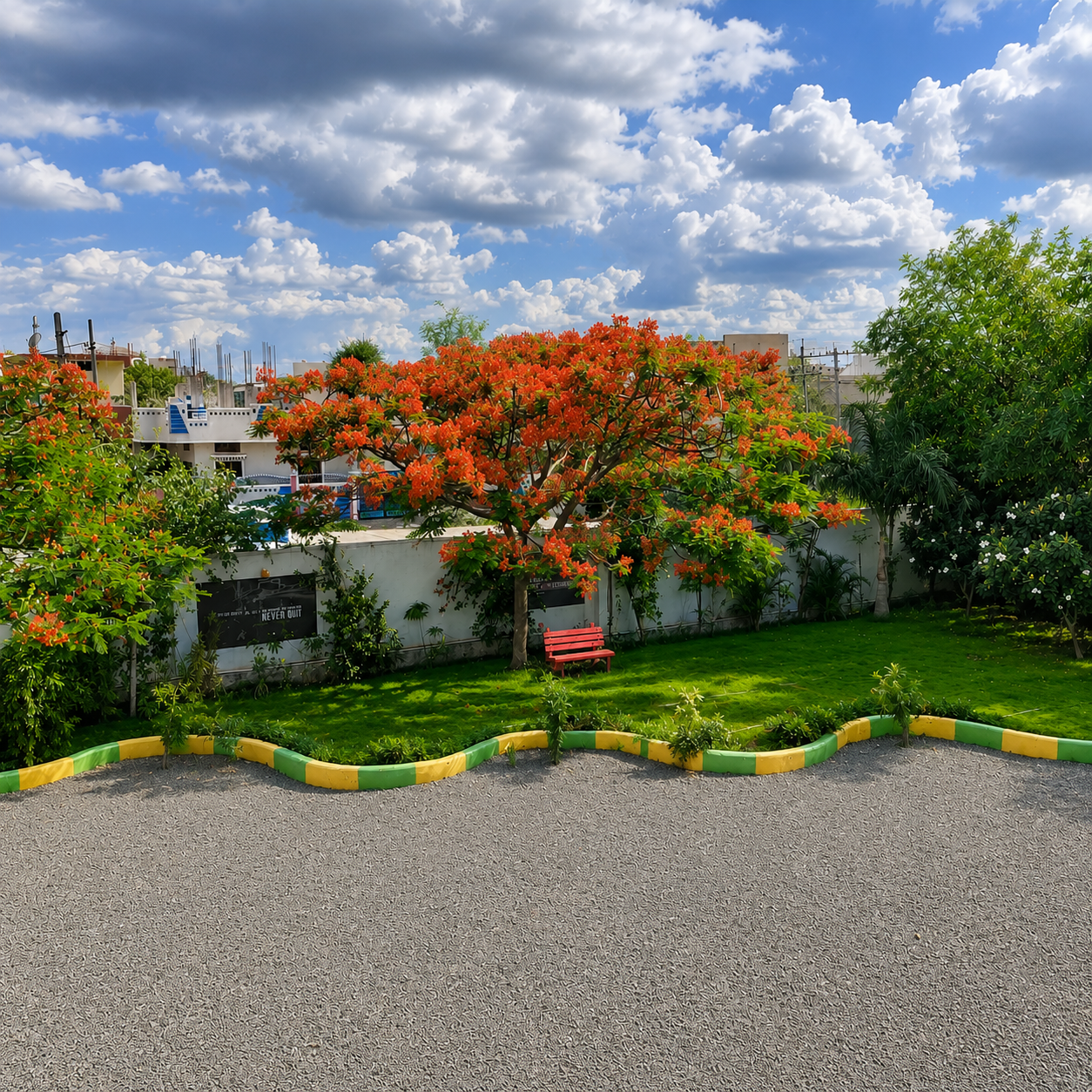 Landscaped garden area in the Assembly Ground at Shahbaaz.