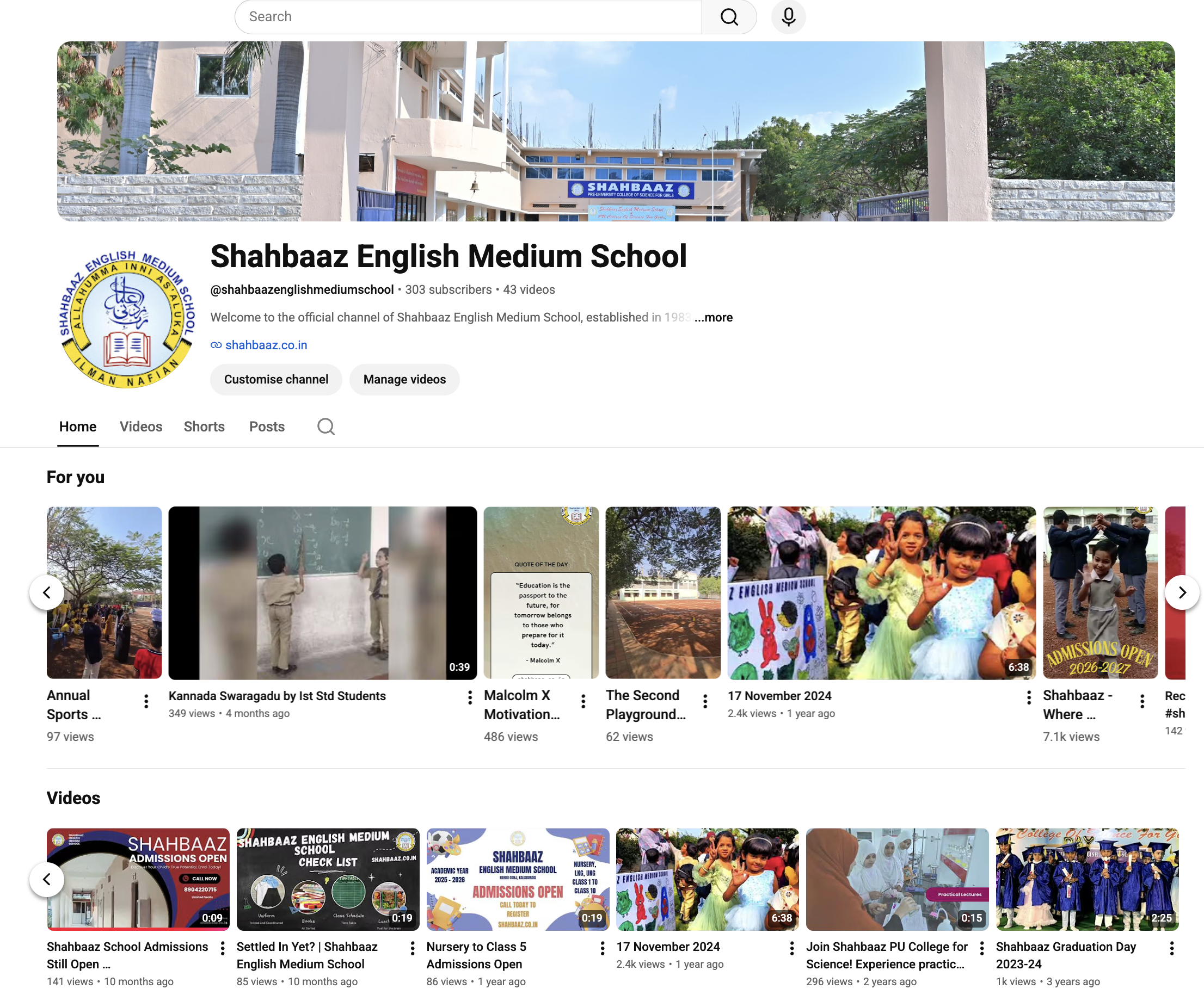 Shahbaaz School YouTube Channel Page