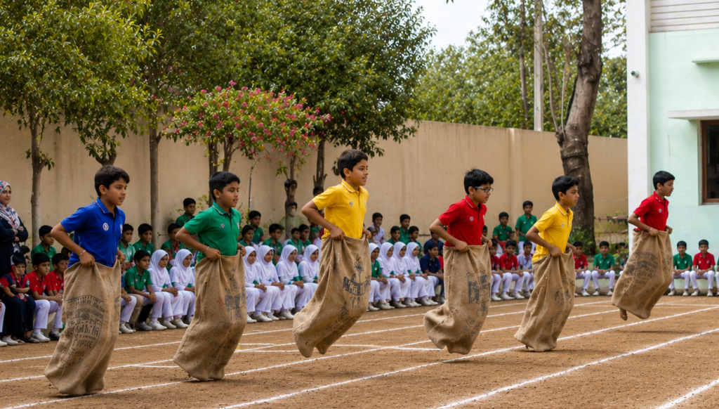 Sack Race in Progress at Shahbaaz School