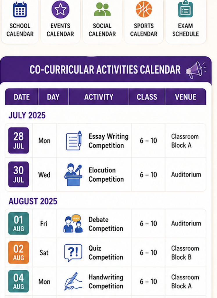 Shahbaaz Co-Curricular Events Calendar Sample